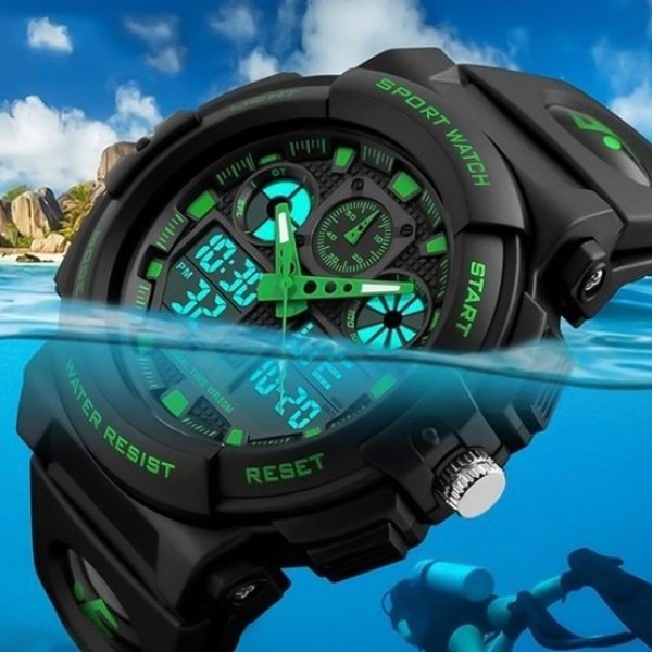 Sportovní hodinky analog + digitál - pánské - černo-zelené