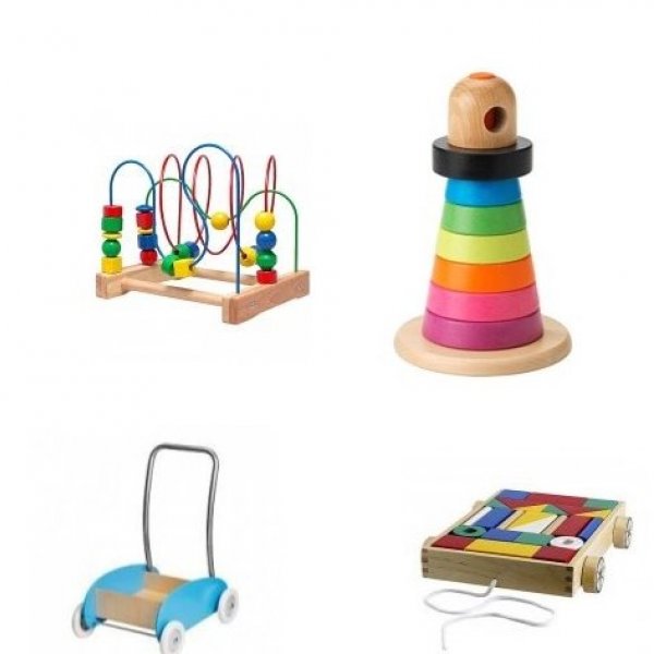 Dřevěné hračky IKEA - vozíček EKORRE, MULA korálky a věž.